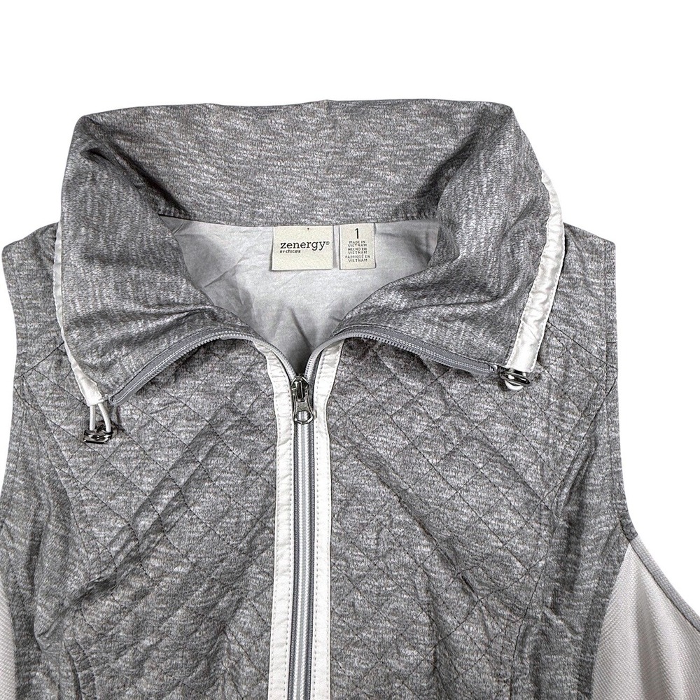 Zenergy by Chicos Gray Quilted Full Zip Vest Womens Size 1 Funnel Neck Mesh Side